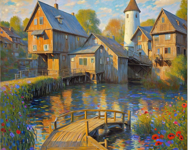 Charming Village Scene with Wooden Houses and Waterway