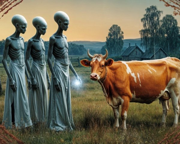 Alien Figures Observing Cow in Countryside Dawn Scene