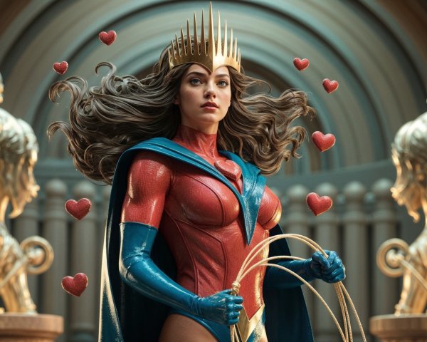 Superheroine in Red and Blue Costume with Golden Crown