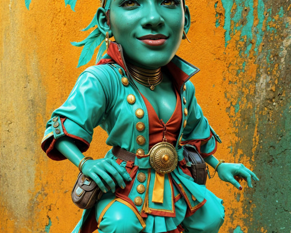 Vibrant Character with Teal Skin and Colorful Outfit