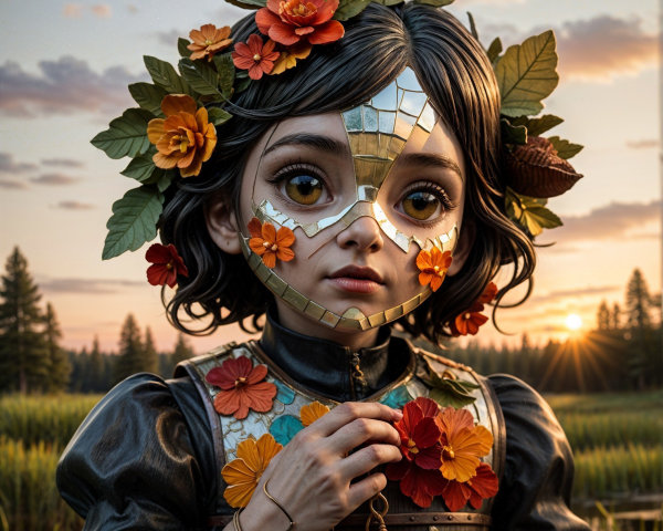 Young girl with mirrored mask in sunset landscape