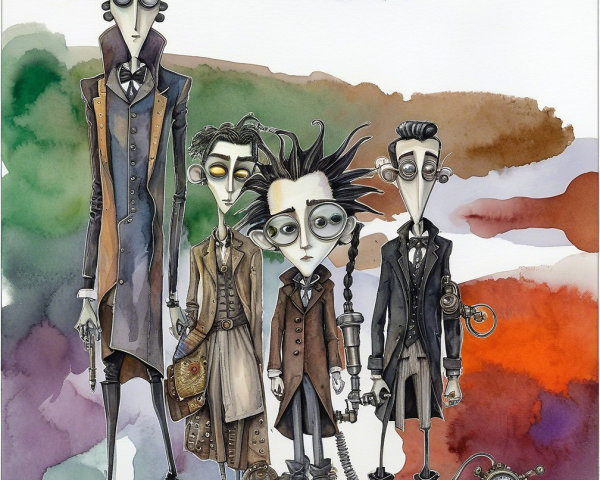 Four Distinct Characters in Abstract Watercolor Background
