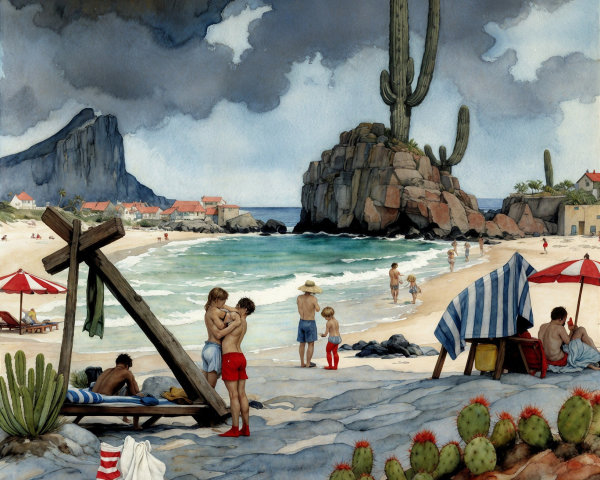Vibrant Beach Scene with Cliffs and Cacti Background