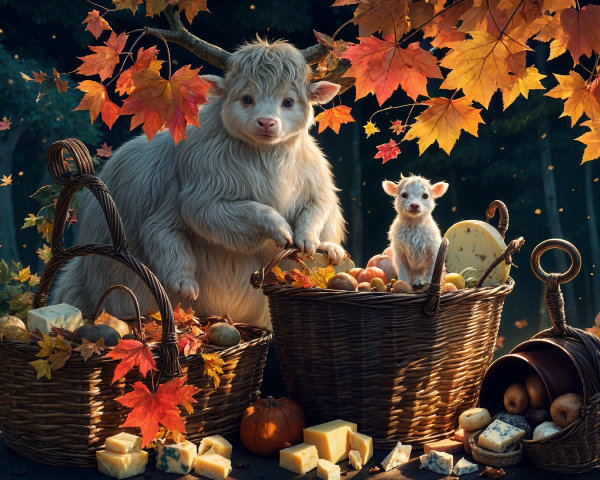 Fluffy Goat and Kid Surrounded by Autumn Leaves