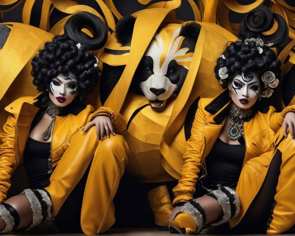 Glamorous Figure in Yellow with Stylized Pandas