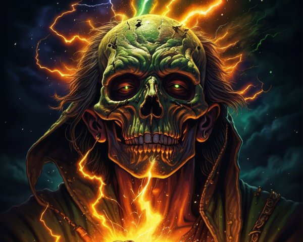 Skeletal Figure with Green Skull and Fiery Orb