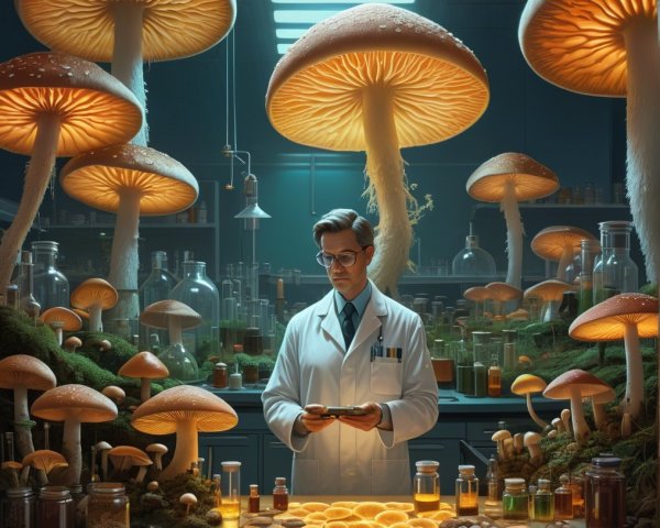 Scientist Examining Samples in Mushroom-Filled Lab
