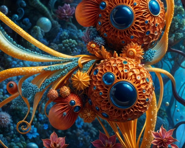 Vibrant Underwater Scene with Surreal Flora and Fauna