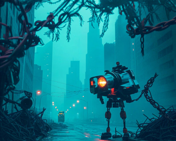 Post-Apocalyptic City with Towering Robot and Fog