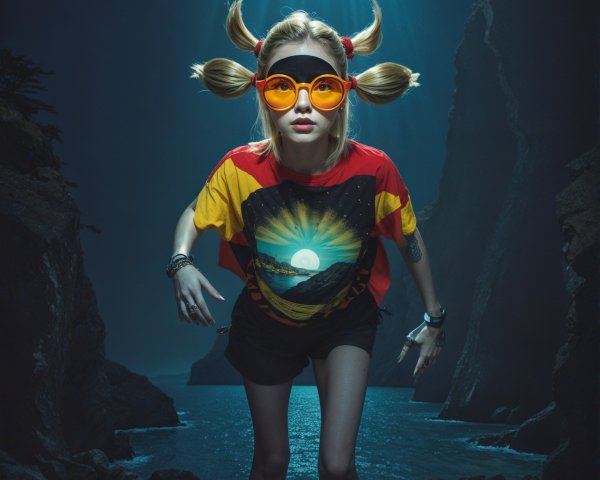 Youthful Figure with Pigtails at Coastal Canyon Scene