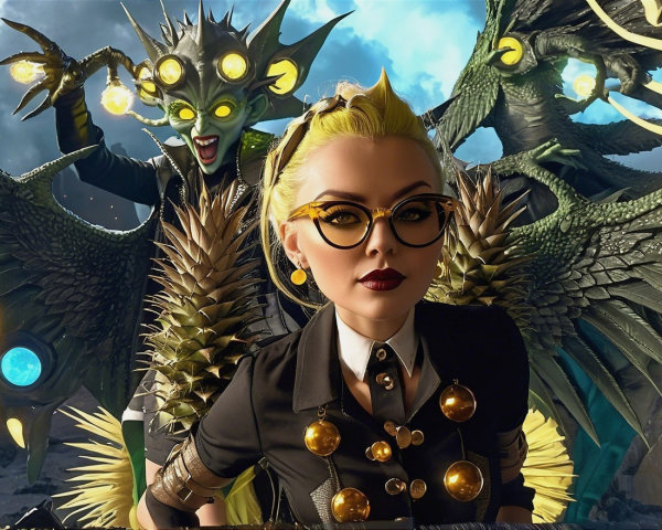 Character with Yellow Hair and Mystical Creature Background