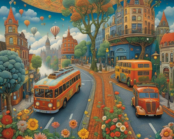 Colorful Vintage Buses in a Whimsical Cityscape