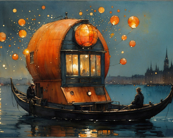 Illuminated Boat with Pumpkin Dome on Tranquil Waters