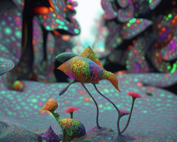 Surreal Vibrant Landscape with Colorful Patterns and Figures