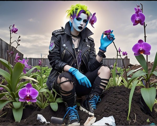 Punk Aesthetic Figure in Orchid Garden Setting