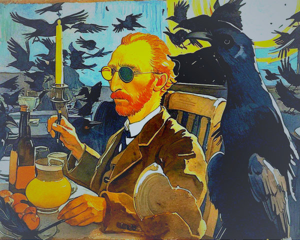 Stylized Portrait of a Man with Red Beard and Ravens