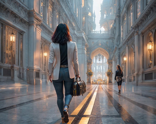 Elegant Hallway with Woman and Stylish Handbag