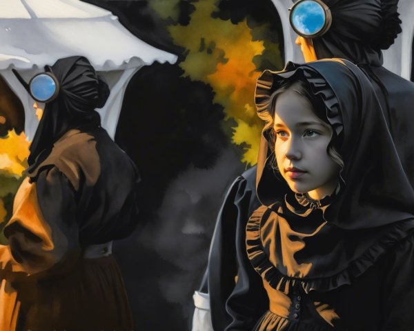 Three Figures in Dark Vintage Clothing with Veils