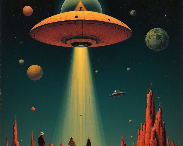 Glowing Spaceship Over Red Rocky Landscape Scene