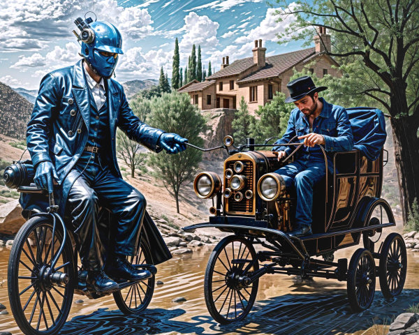 Futuristic Figure on Bicycle with Vintage Car in Landscape