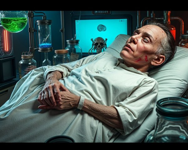 Elderly Patient in Dimly Lit Hospital with Colorful Jars