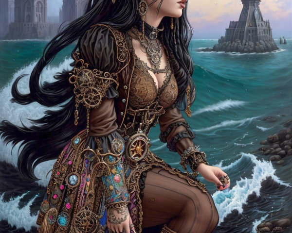 Mystical Woman in Steampunk Outfit by the Shore