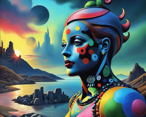 Surreal Portrait of a Woman with Colorful Face Art