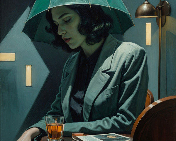 Contemplative Woman in Tailored Suit with Umbrella