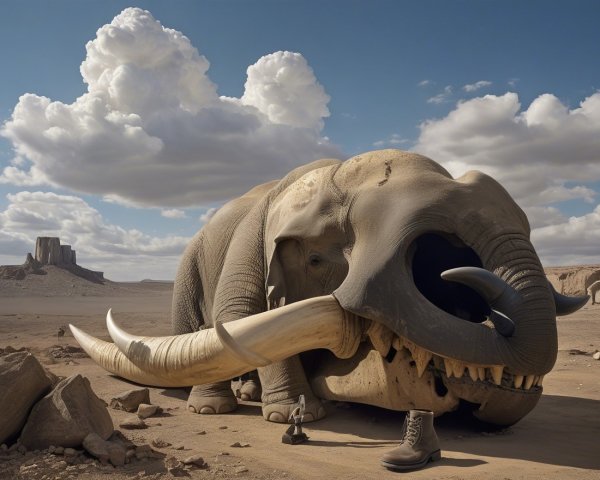 Surreal Elephant in Barren Landscape with Clouds