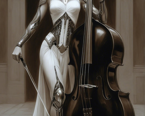 Futuristic Figure with Cello in Metallic Armor