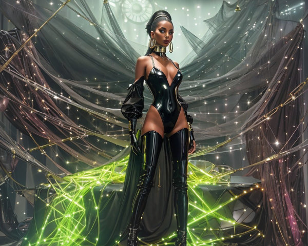 Futuristic figure in black latex with shimmering lights