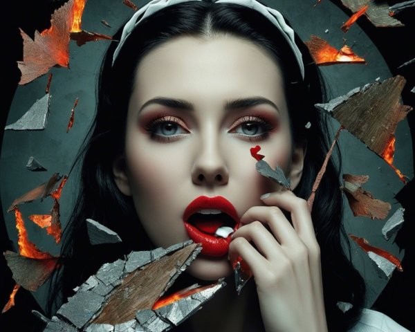 Striking Woman with Bold Makeup and Glass Shard