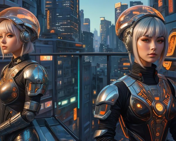 Futuristic Cityscape with Women in Metallic Space Suits