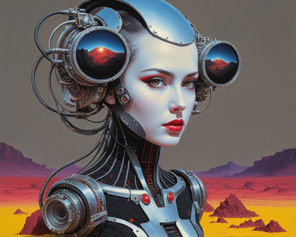 Futuristic Female Android in Surreal Desert Landscape
