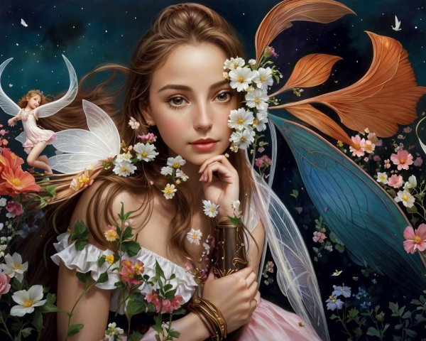 Mystical Scene of Woman with Flowers and Butterflies