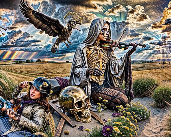 Surreal Landscape with Violinist and Skeletons