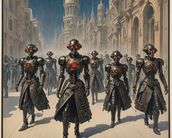 Futuristic cityscape with robotic figures and architecture