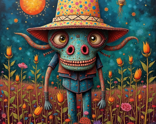 Whimsical Creature in Colorful Flower Field Scene