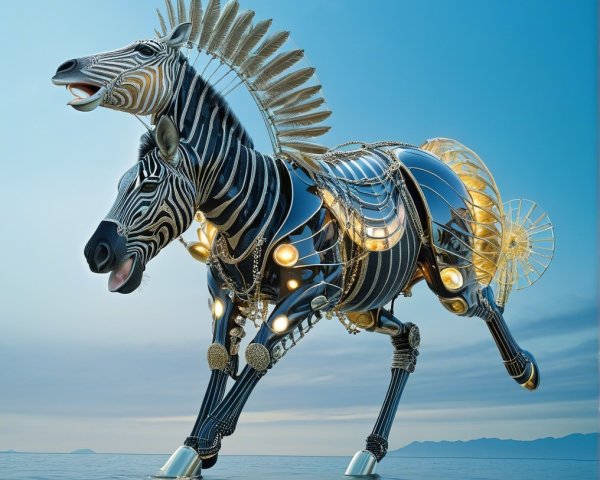 Surreal Metallic Horse Galloping Through Tranquil Sea