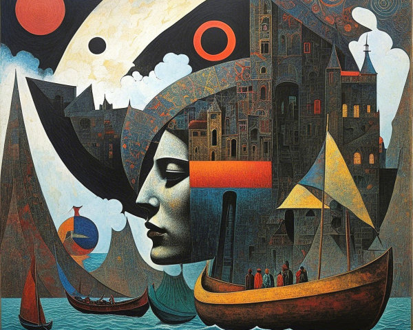 Surreal Landscape with Abstract Face and Cityscape