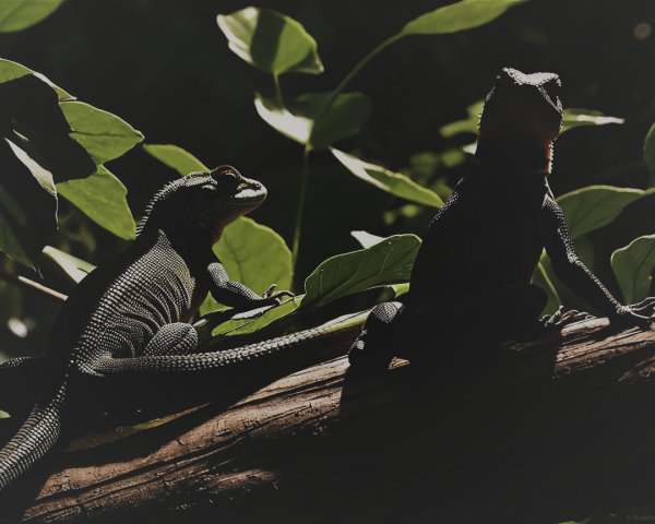 Lizards on a Log in a Lush Green Environment