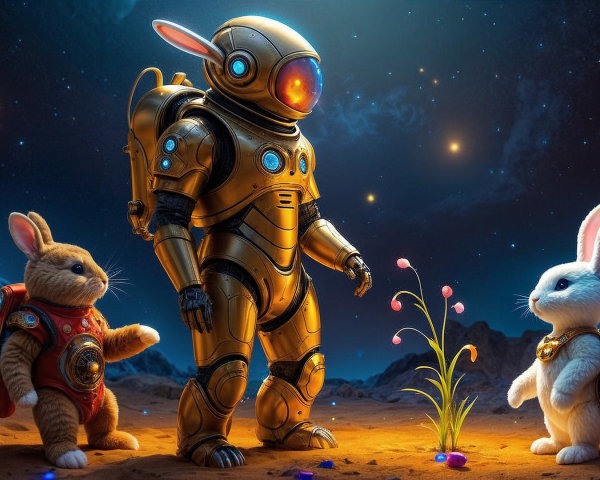 Cosmic Scene with Rabbits in Space Suits and Flowers