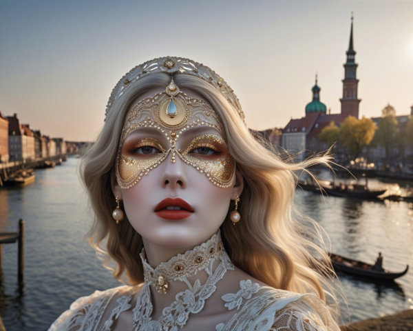 Portrait of a woman with golden makeup and mask by water