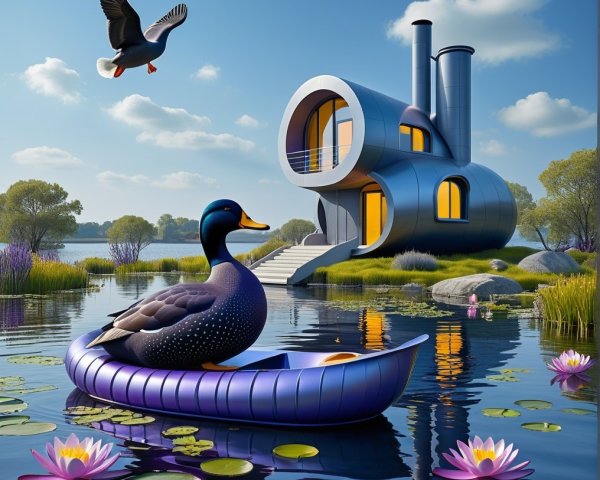 Whimsical House by Tranquil Lake with Vibrant Duck