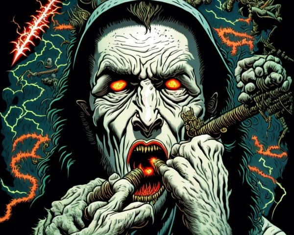 Sinister Figure with Glowing Eyes Playing a Flute