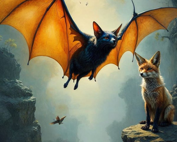 Fantastical creature with bat wings in mystical landscape