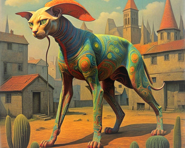 Surreal Artwork of Sphynx Cat in Desert Landscape