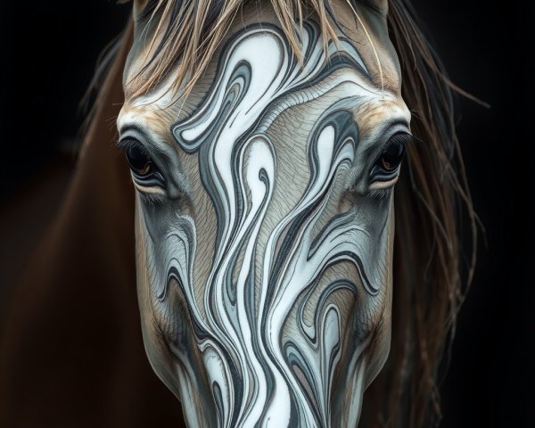 Close-up of a horse's face with marble-like patterns