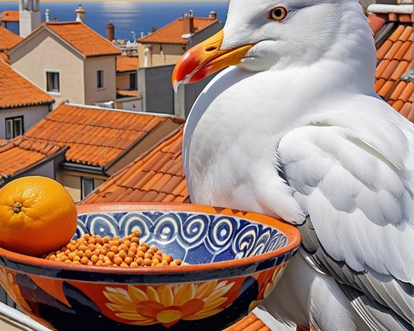 Seagull on Ledge Against Vibrant Sunset Background
