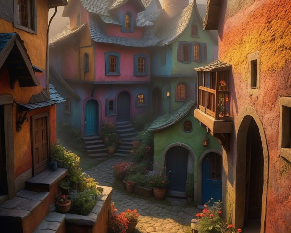 Whimsical Village Scene with Colorful Houses and Flowers